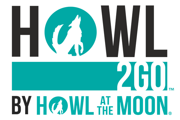 Howl 2 Go logo with teal and black lettering and the "o" in howl has a wolf cut out of it